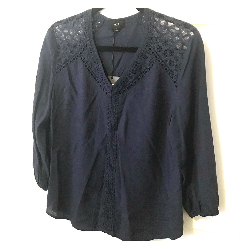 Fate Navy 3/4 Sleeve Navy Blouse with Lace Detail